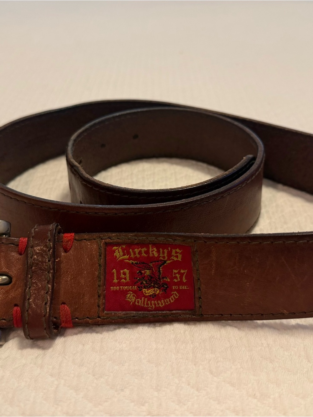 Lucky Brown Leather Men's Belt with Red Patch Accent